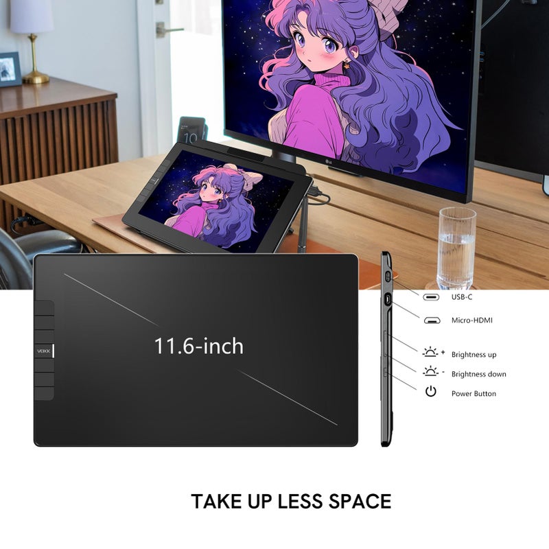 VEIKK VK1200 V2 Drawing Tablet with Screen,11.6-inch Full-Laminated Graphic Drawing Monitor,2 Battery-Free Pens with Tilt Function,6 Customizable Keys,Anti-Glare Glass(Must be Connected to PC to Work) - Image 5